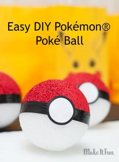 three poke ball toys sitting on top of a table next to a bag with the words easy diy pokemon poke ball written on it