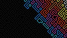 a black background with multicolored squares and lines in the shape of zigzags