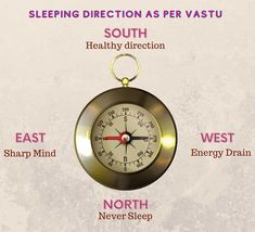 a compass with the words sleeping direction as per vastu, south, healthy direction and north energy drain