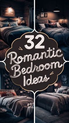 the bed room is decorated in black and brown colors with text that reads 32 romantic bedroom ideas