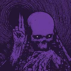 a purple skull holding a knife in its right hand and pointing to the side with both hands