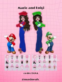 mario and luigi are standing next to each other in front of a pink background with the words mario and luigi on it