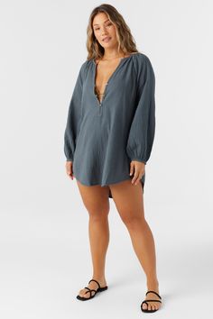 A flowy cover-up dress that has a relaxed long sleeve design and mini length fit. O'Neill Women's woven cover-up 28" In length Front button closure Solid color wash Lightweight, breathable fabrication 100% Cotton Crinkle Double Gauze Casual Long Sleeve Beach Cover-up Dress, Casual Long Sleeve Beach Dress Cover-up, Chic Long Sleeve Cover-up For Daywear, Relaxed Fit Long Sleeve Cover-up For Vacation, Long Sleeve Cover-up For Beach Season Daywear, Chic Long Sleeve Loungewear Cover-up, Long Sleeve Beachwear Cover-up For Loungewear, Spring Breezy Cover-up With Long Sleeves, Breezy Long Sleeve Spring Cover-up