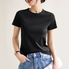 Icy Cotton Basic Tee  Material: 95.6%Cotton+3.5%Spandex  Style: Basic Tee Size: S, M, L, XL, 2XL, 3XL Color: Black, White, Pink  Occasion: Outdoor, Daily,  Vacation White Graphic Tee, Oversized Graphic Tee, Black Graphic Tees, Style Basic, Black White Pink, Vintage Summer, Basic Tee, Cotton Style, Raglan Sleeve