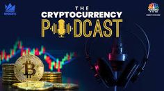 the crypt podcast with headphones on top of stacks of gold coins and microphones