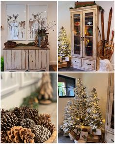 four pictures of pine cones and christmas trees in various stages of being decorated for the holiday season