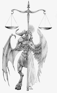 a drawing of an angel holding the scales of justice