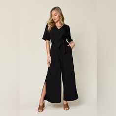 Features: Basic Style, Slit, Tied Sheer: Opaque Material Composition: 97% Polyester, 3% Spandex Care Instructions: Machine Wash Cold. Tumble Dry Low. Imported Double Take, Basic Style, Neck Tie, Pant Jumpsuit, Jumpsuit Romper, Care Instructions, Pants For Women, Jumpsuit, Composition