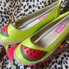 New In Box Betsy Watermelon Design 7 Lime Green Espadrilles Trendy Closed Toe Espadrilles For Beach Season, Summer Espadrilles With Round Toe, Trendy Closed Toe Espadrilles For Beach, Trendy Closed Toe Synthetic Espadrilles, Trendy Closed Toe Espadrilles For Summer, Trendy Summer Espadrilles With Round Toe, Trendy Spring Espadrilles, Trendy Closed Toe Espadrilles For Vacation, Green Casual Espadrilles With Round Toe