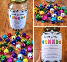 there is a jar full of colorful buttons on the floor and next to it is a jar filled with plastic flowers