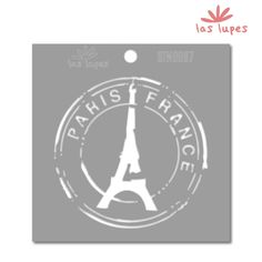 the eiffel tower sticker is shown in white on a gray background with red and