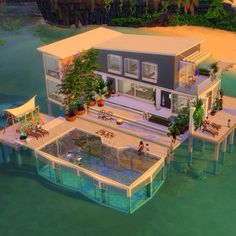 an artist's rendering of a house on stilts in the middle of water