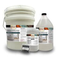 three buckets of white paint and one gallon of liquid with labels on the side