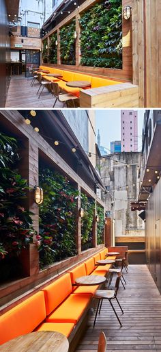 an outdoor seating area with plants growing on the wall and wooden benches lined up against it