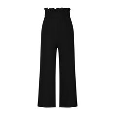 Black Ruffled High Waist Wide Leg Pants with Pocket Black Ruffled Pants For Summer, Summer Black Ruffled Pants, Casual Solid Color Pants With Ruffles, Black Wide Leg Bottoms With Ruffles, Chic Wide Leg Pants With Ruffles, Chic Ruffled Trousers, Chic Wide Leg Ruffled Pants, Elegant High Waist Pants With Ruffles, Chic Ruffled Pants For Workwear