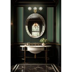 a bathroom with green walls and marble flooring, an oval mirror above the sink