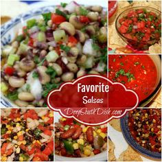 several different pictures of food including salsa, tortilla chips, and salads