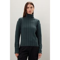 Green knit (70% Acrylic, 30% Wool). Sweater. Long sleeves. Turtleneck. Pull on. 24" from shoulder to hemline. Imported. Wool Tops For Cold Weather And Fall, Wool Tops For Cold Weather In Fall, Wool Tops For Fall And Cold Weather, Stretch Textured Knit Top For Winter, Fall Wool Knitted Tops, Knitted Wool Tops For Fall, Stretch Wool Tops For Fall, Knit Tops With Ribbed Cuffs For Fall, Wool Knitted Tops For Cold Weather