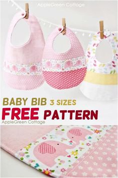 three bibs are hanging on clothes pins and the text, baby bib sizes free pattern