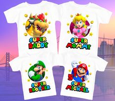 three t - shirts with super mario bros characters on them