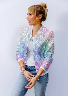 Women's Icy Ombre Sequin Jacket Rainbow Bright, Vegan Leather Jacket, Sequin Jacket, Embroidered Heart, Pink Skirt, Knit Hoodie, Faux Fur Coat, Shine Bright, Bright Pink