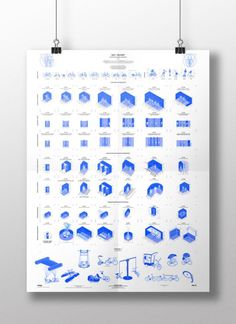 a blueprinted poster showing various types of buildings and their architectural features, including the roof