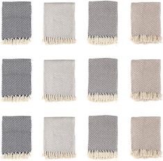 nine pieces of gray and white fabric with fringes