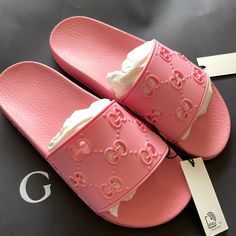 Gucci Women's Pink Slip On Slide Sandals All Rubber Item 573922 Gg Cut Out Pattern Comes With Box Brand New And Authentic Designer Flat Slides For Summer, Designer Summer Flat Slides, Summer Designer Flat Slides, Designer Slides With Flat Heel For Summer, Designer Slip-on Slides For Spring, Designer Pink Slides For Spring, Spring Luxury Pink Slides, Designer Gucci Sandals With Cushioned Footbed, Designer Round Toe Summer Slides