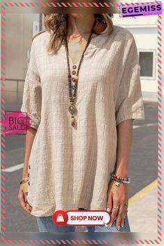 Linen V Neck T-shirt Beige V-neck Shirt For Summer, Summer Beige Half-sleeve Tops, Summer Beige Half Sleeve Tops, Casual Beige V-neck Shirt, Beige Short Sleeve Tops For Summer, Beige Relaxed Fit V-neck T-shirt, Solid Half Sleeve T-shirt For Summer, Casual Beige V-neck T-shirt, Neck Shirt