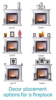 four different types of fireplaces with pictures above them and below the fire place on each shelf