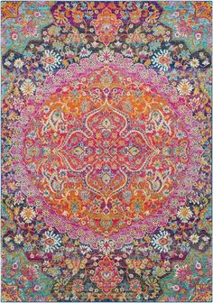 a colorful rug with an ornate design on the center and bottom, in multicolored colors