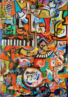 an abstract painting with many different colors and shapes