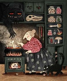 a painting of a woman cooking food in front of a fireplace with black cats nearby