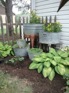 several metal buckets filled with plants next to a house