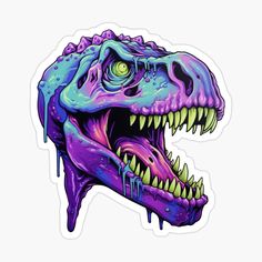 a purple dinosaur sticker with green eyes