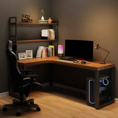 a corner desk with a computer on it in front of a bookshelf and shelves