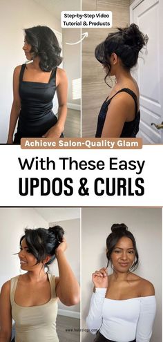 Want to achieve salon-quality glam with easy updos and curls? My blog post shows you how! Perfect for date nights, parties, and special events, these styles include a glamorous messy updo with loose curls, a Pamela Anderson-inspired updo with textured curls, an elegant sleek top knot, and voluminous glam curls. Discover the essential tools and products to create these stunning looks effortlessly. Ready to shine like you just stepped out of the salon? Head to the blog now! Curled Updo Hairstyles, Beach Waves Hairstyles, Updo Easy