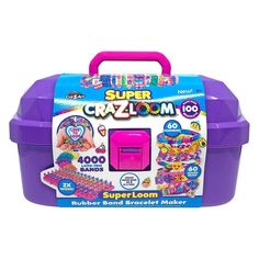 a purple and pink plastic box filled with lots of crafting supplies on top of a white background