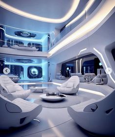 a futuristic living room with white furniture and blue lighting