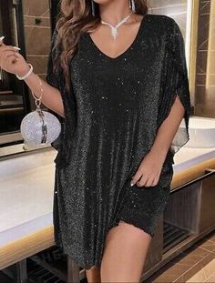 Black Shimmer Batwing Sleeve Mini V-neck Dress Plus Glam Party 1X Wicca Gothic  | eBay Sukienki Plus Size, 파티 드레스, Plus Size Prom, Plus Size Party Dresses, Flare Sleeve Dress, Short Party Dress, Vestido Plus Size, Glitter Dress, Outfit Casual