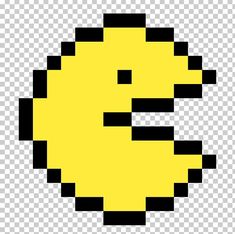 an 8 - bit smiley face pixeled in yellow and black, with no background