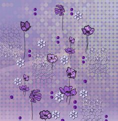 purple and white flowers are in the middle of hexagonal shapes on a pink background