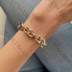 All Our Bracelets Are Made Of REAL 14K GOLD  14K Yellow Gold Chunky Round Link Bracelet With Push Lock Clasp, 12mm Thick, 7.5 mm, Real Gold Bracelet, Women  Shop our 14K Bracelets https://www.etsy.com/shop/GOLDMANIA?ref=seller-platform-mcnav§ion_id=26925987  Shop On Sale items https://www.etsy.com/shop/GOLDMANIA?ref=seller-platform-mcnav§ion_id=1  Metal: 14K Yellow Gold    Width: 12 MM  Length: 7.5 IN  Closure: Push lock Weight: 9.00 Gram  SHIPPED FROM NEW YORK CITY FREE SHIPPING on all orders I Gold Bracelet Women, Real Gold Bracelet, Free Weight, Lock Style, Gold Armband, Link Chain Bracelet, Chunky Bracelets, Bracelet Women, Gold Paper