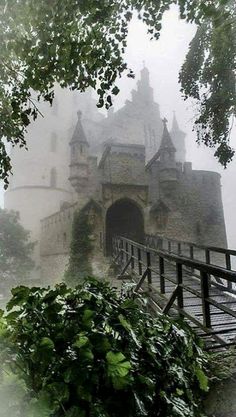 an old castle in the fog with trees around it and stairs leading up to it