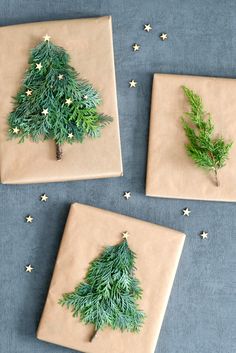 three wrapped presents with christmas tree decorations on them