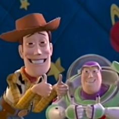 two toy story characters standing next to each other