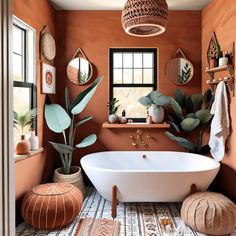 a bathroom with an orange wall and white bathtub next to a potted plant