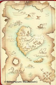 an old pirate map with ships and other things on it, as well as the ocean