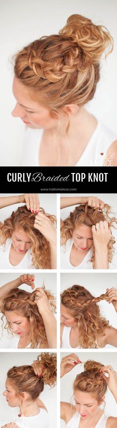 Hair Romance - Everyday curly hairstyles - Curly Braided Top Knot Hairstyle Tutorial #hairstyles Tutorial Chignon, Curly Braids, Wedding Hairstyles Tutorial, Hair Romance, Top Knot Hairstyles, Penteado Cabelo Curto, Braided Hairstyles For Wedding, Braided Hairstyles Tutorials, Top Knot