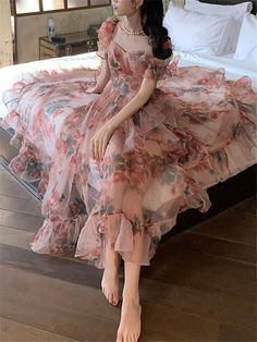 pink vintage dress with rose print 🌟 Vintage Tulle Dress, Rose Petal Tea, Pink Floral Chiffon Dress, Chiffon Dress Vintage, Birthday Dress Women, Romantic Academia, Vestidos Color Rosa, Floral Chiffon Dress, Cottagecore Dress